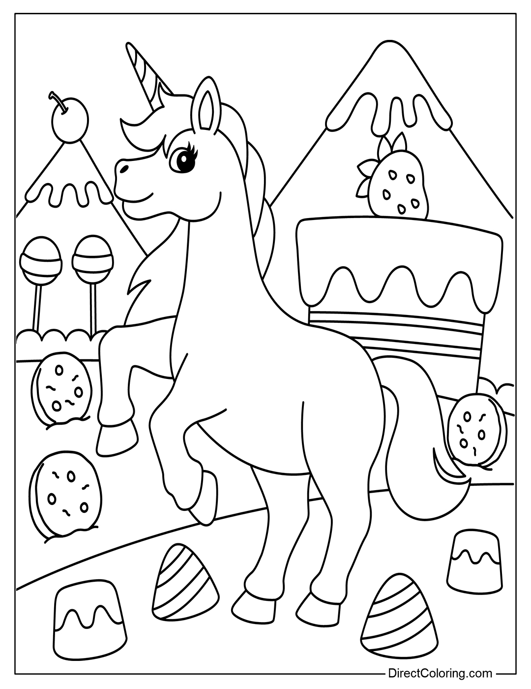 Unicorn In Candy Land Coloring for Free